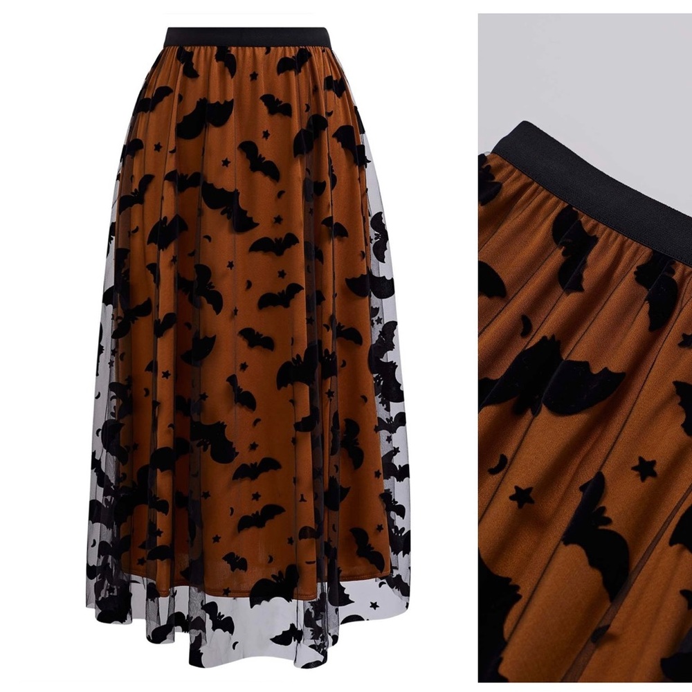 VELVET BATS MESH TULLE MIDI SKIRT IN PUMPKIN L-XL